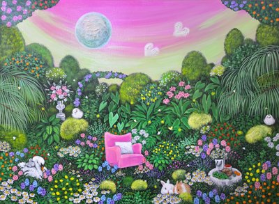 썬키, A forest garden with a view of pink aurora